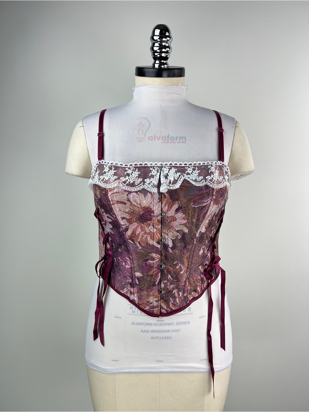 💚 3676. Floral Lace Trim Burgundy Corset Top